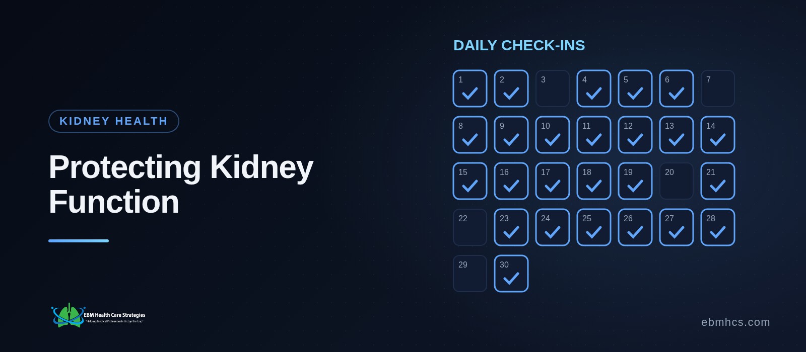Calendar of completed daily check-ins, representing ongoing chronic kidney disease support