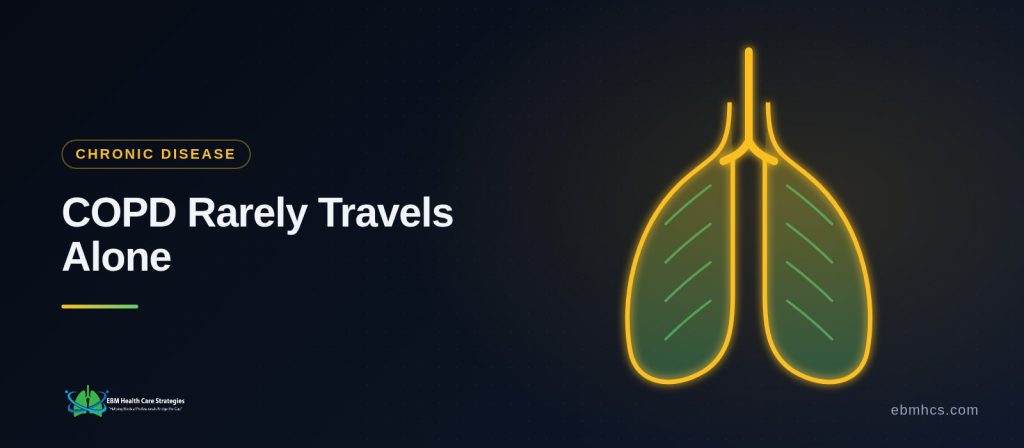 Illustration linking COPD with cardiac, kidney and metabolic conditions around a single patient, connected by daily check-in data