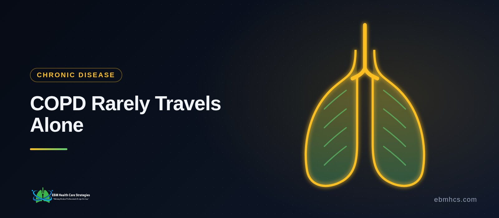 Illustration linking COPD with cardiac, kidney and metabolic conditions around a single patient, connected by daily check-in data