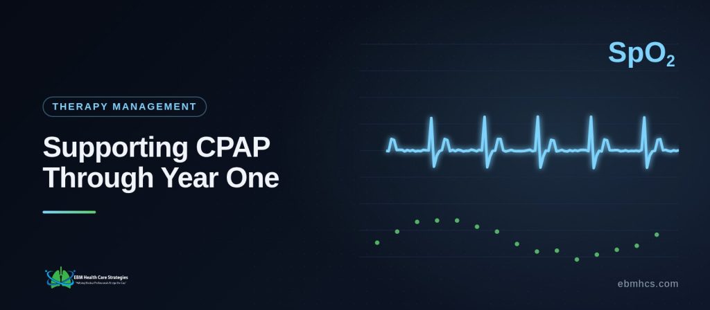Patient answering a short daily CPAP check-in question on a smartphone while a care team member reviews the response