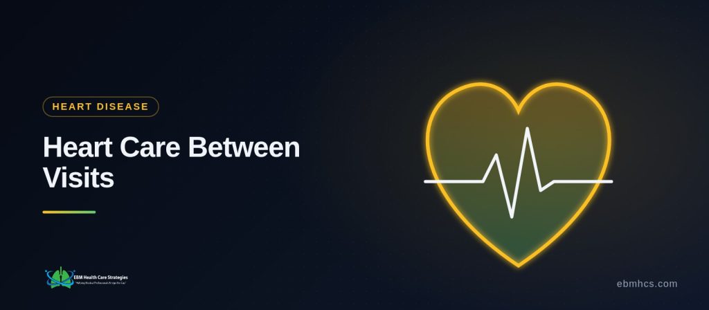 Glowing heart with a heartbeat line, representing heart disease care between visits