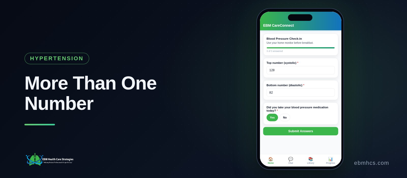 CareConnect patient app showing a home blood pressure check-in on a phone