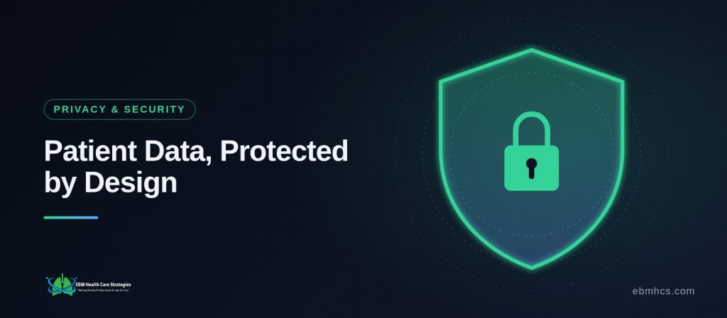 A shield icon surrounding a patient check-in on a phone and a care team dashboard, connected by a secure line