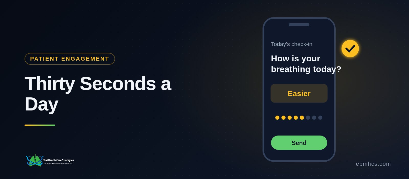 Illustration of a smartphone showing a single large-type question with a simple answer scale, representing a thirty-second daily patient check-in
