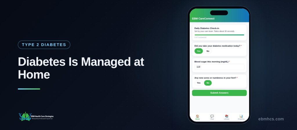 CareConnect patient app showing a Type 2 diabetes daily check-in on a phone