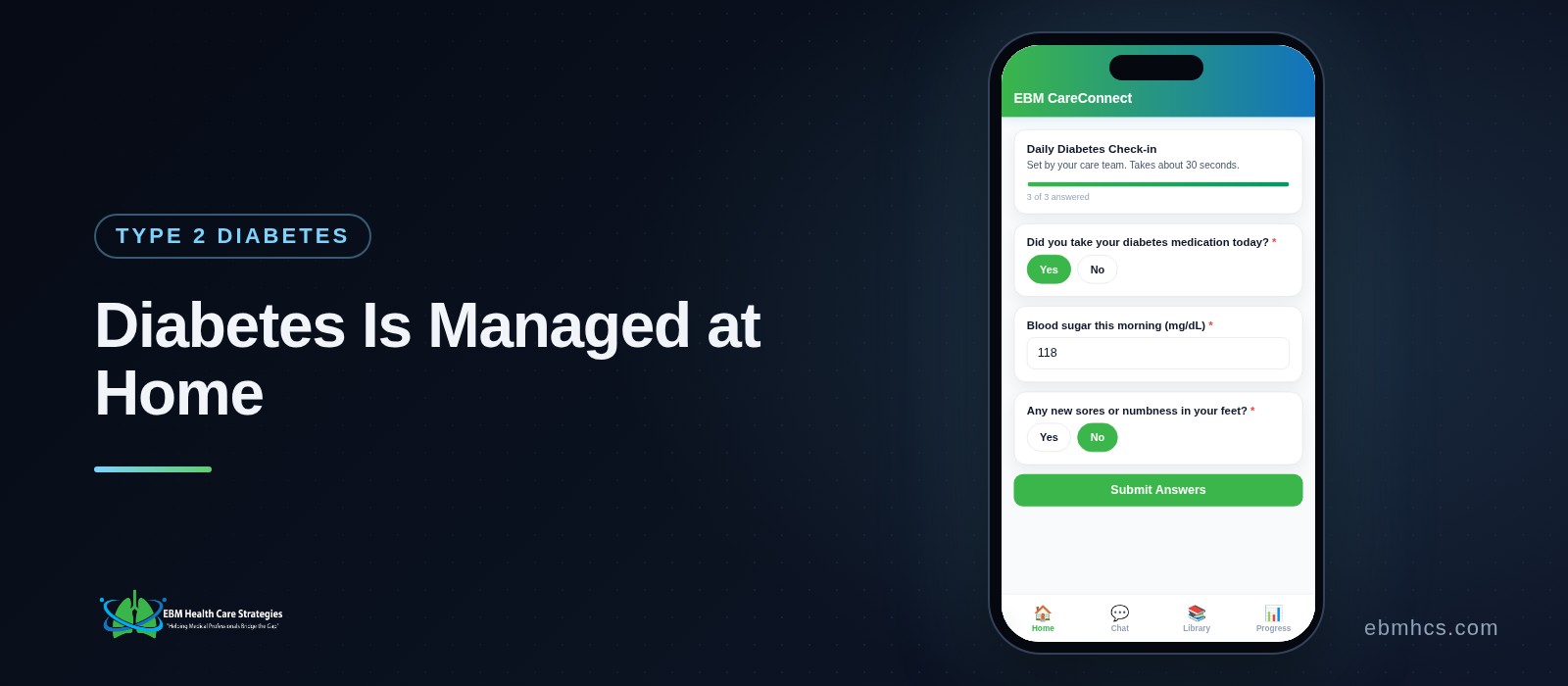 CareConnect patient app showing a Type 2 diabetes daily check-in on a phone